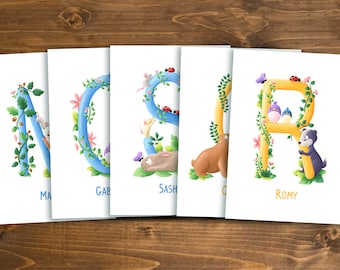 Personalized postcard with the child's first name, forest animal theme, birth birthday gift on high quality handmade paper