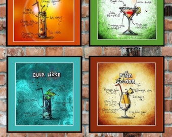 A set of four cocktails images with recipes. Tequila Sunrise, Cosmopolitan, Pina Colada and Cuba Libre