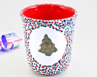 Hand painted Mug, Christmas Tree Mugs, Christmas Mugs, Handmade Ceramic Cappuccino Cup, Americano, Latte, Christmas Gift Ideas, 10 Oz- 300ml