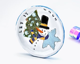 Dessert Cookie Plate, Ceramic Snowman plate, Handmade Collectible Plate, Height 4.5 '' 11.5 cm, Width 4.5'', 11.5 cm