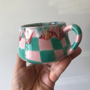 Ceramic Coffee Cup for Collection,Handmade Green Checkered Mug,Hand Painted Checkerboard Coffee mug,Green mug,Kitchen gift,Mother's day gift image 7