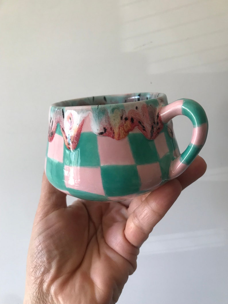 Ceramic Coffee Cup for Collection,Handmade Green Checkered Mug,Hand Painted Checkerboard Coffee mug,Green mug,Kitchen gift,Mother's day gift image 7