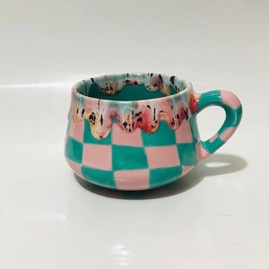 Ceramic Coffee Cup for Collection,Handmade Green Checkered Mug,Hand Painted Checkerboard Coffee mug,Green mug,Kitchen gift,Mother's day gift image 6