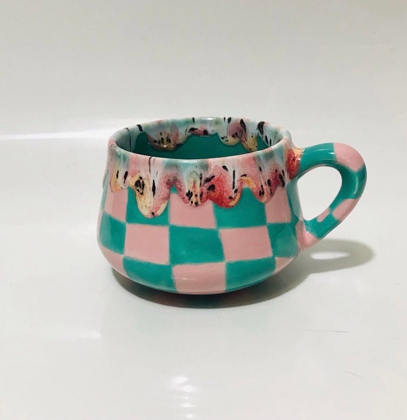 Ceramic Coffee Cup for Collection,Handmade Green Checkered Mug,Hand Painted Checkerboard Coffee mug,Green mug,Kitchen gift,Mother's day gift image 6