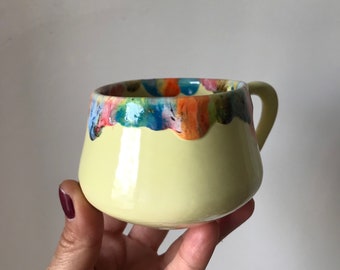 Handmade Ceramic Floral Cup, Cappuccino Cup,Handmade Colorful ceramic mug,Collectible gift,Ceramic Rainbow, Kitchen gift, Mother's day Gift