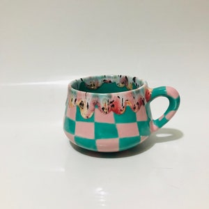 Ceramic Coffee Cup for Collection,Handmade Green Checkered Mug,Hand Painted Checkerboard Coffee mug,Green mug,Kitchen gift,Mother's day gift image 1