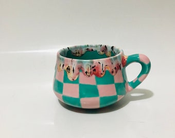 Ceramic Coffee Cup for Collection,Handmade Green Checkered Mug,Hand Painted Checkerboard Coffee mug,Green mug,Kitchen gift,Mother's day gift