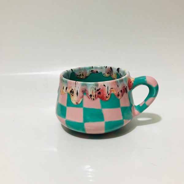 Ceramic Coffee Cup for Collection,Handmade Green Checkered Mug,Hand Painted Checkerboard Coffee mug,Green mug,Kitchen gift,Mother's day gift