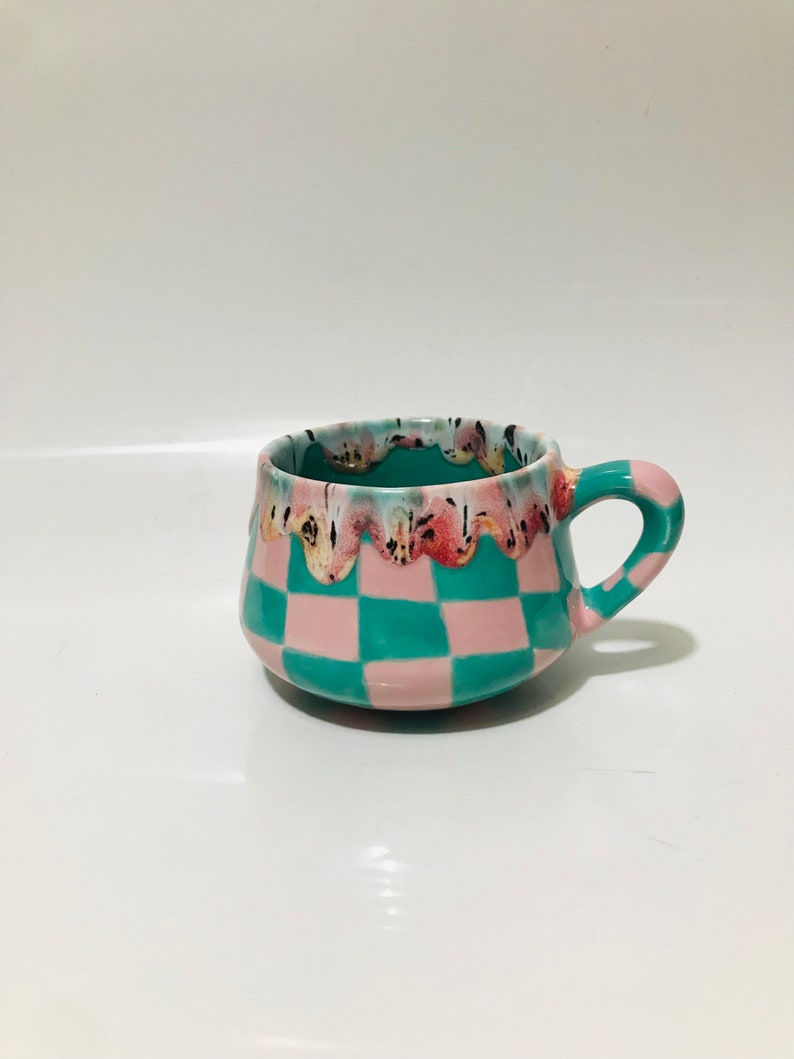 Ceramic Coffee Cup for Collection,Handmade Green Checkered Mug,Hand Painted Checkerboard Coffee mug,Green mug,Kitchen gift,Mother's day gift image 1