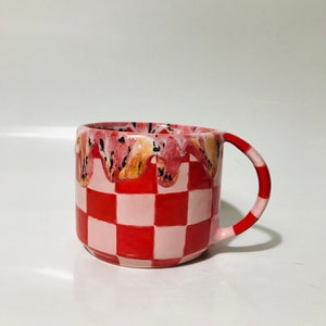 Hand-Painted Checkered Ceramic Mug: Red Kitchen Decor Gift