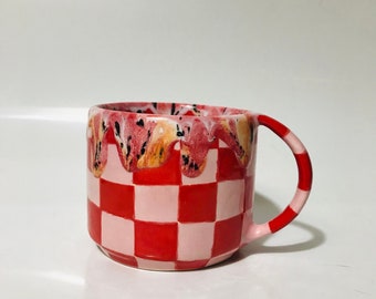 Coffee Cup forCollection,Handmade Red CheckeredCeramicMug,Funny kitchen, New kitchen, Kitchen gift,Mother's daygift