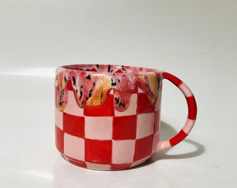 Hand painted mug, Handmade Ceramic mug,Red mug, Checkered mug, Kitchen gift,Home decor items,Home and living,Mug gift,Gift for her