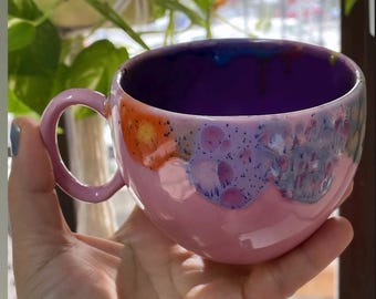 Handmade Pink Pottery Mug: Large Rustic Ceramic Coffee Cup