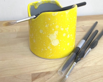 Handmade Ceramic Paint Brush Holder: Yellow Watercolor Cup