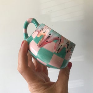 Ceramic Coffee Cup for Collection,Handmade Green Checkered Mug,Hand Painted Checkerboard Coffee mug,Green mug,Kitchen gift,Mother's day gift image 8