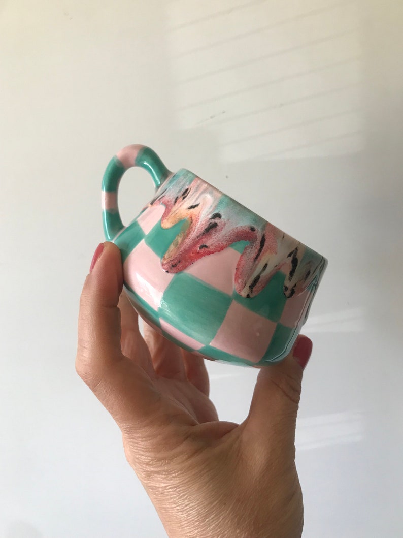 Ceramic Coffee Cup for Collection,Handmade Green Checkered Mug,Hand Painted Checkerboard Coffee mug,Green mug,Kitchen gift,Mother's day gift image 8