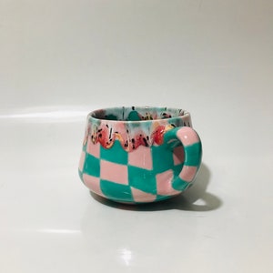 Ceramic Coffee Cup for Collection,Handmade Green Checkered Mug,Hand Painted Checkerboard Coffee mug,Green mug,Kitchen gift,Mother's day gift image 2