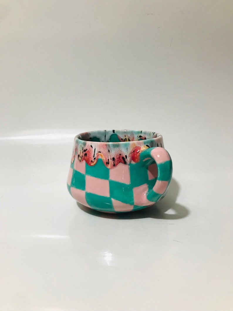 Ceramic Coffee Cup for Collection,Handmade Green Checkered Mug,Hand Painted Checkerboard Coffee mug,Green mug,Kitchen gift,Mother's day gift image 2