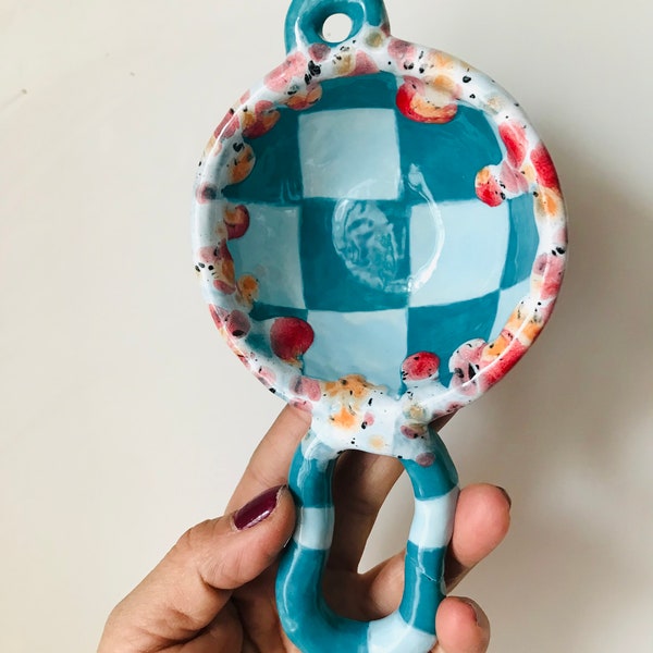 Ceramic Ladle,Handmade ceramic spoon,Hand painted tableware,Collectible ceramic spoon, Checkered tableware, Table setting