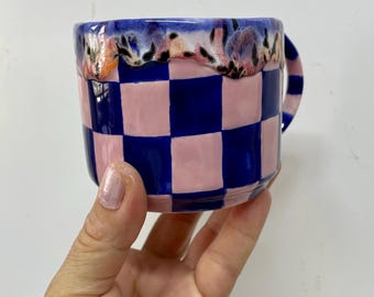 Hand painted mug, Handmade Ceramic mug, Blue mug, Cobalt Blue mug, Checkered mug, Kitchen gift,Home decor items,Home and living,Mug gift