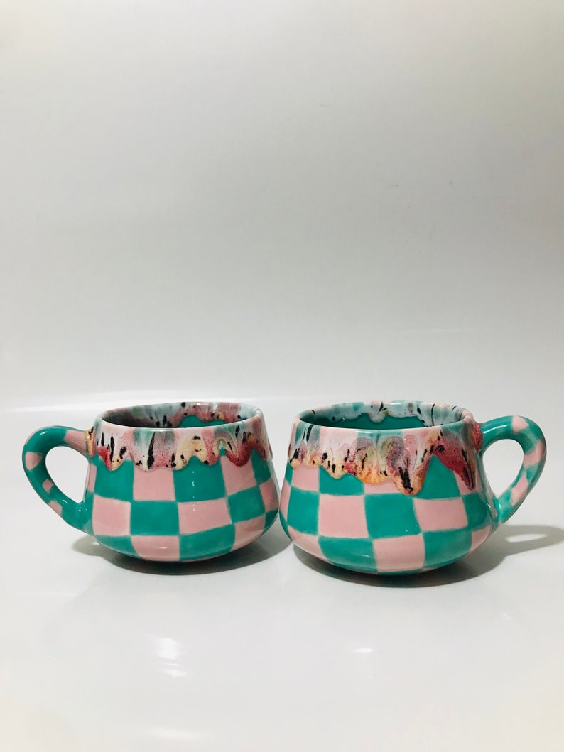 Ceramic Coffee Cup for Collection,Handmade Green Checkered Mug,Hand Painted Checkerboard Coffee mug,Green mug,Kitchen gift,Mother's day gift image 4