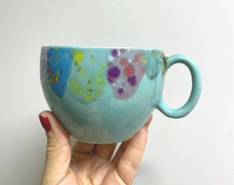 Handmade Turquoise Pottery Mug: Large Rustic Ceramic Coffee Cup