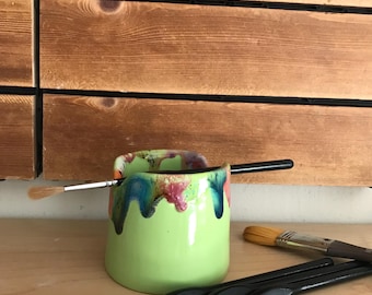 Lime Green Ceramic Paint Brush Holder: Handmade Watercolor Cup