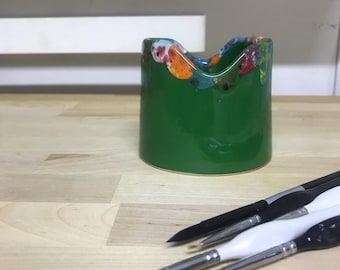 Handmade Ceramic Paint Brush Holder: Dark green