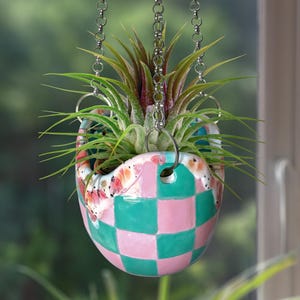 May include: A hanging ceramic planter with a pink and teal checkerboard pattern. The planter is suspended by silver chains and holds a green plant with long, thin leaves. The planter has a decorative rim with colorful accents.