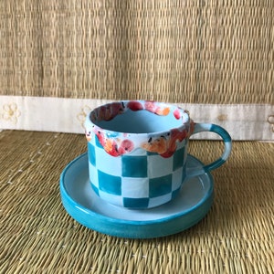Ceramic Coffee Cup for Collection,Handmade Blue Checkered cup,Hand Painted Checkerboard Double Espresso cup,Blue cup,Mother's day gift