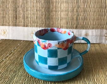 Ceramic Coffee Cup for Collection,Handmade Blue Checkered cup,Hand Painted Checkerboard Double Espresso cup,Blue cup,Mother's day gift