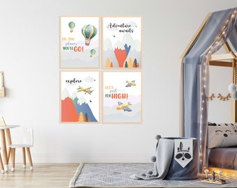 Adventure Awaits PRINTABLE Wall Art-DIGITAL DOWNLOAD Set of 4 Nursery Prints- Explore, Oh The Places You'll Go, Let's Just Fly High