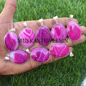 Pink Banded Agate Pendant, Girls Pendant, Silver Plated Pendant, Wholesale Pendant Lot, Designer Pendant Supply, Anniversary Gift