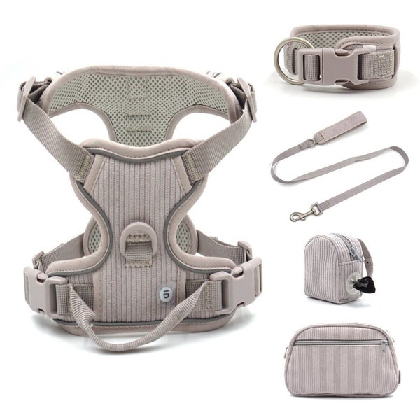 Grau Front & Back Clip Harness | Kein Zuggeschirr | Airtag Harness | Cooling Dog Geschirr Halsband Leine Set | Personalisiertes Geschirr und Halsband