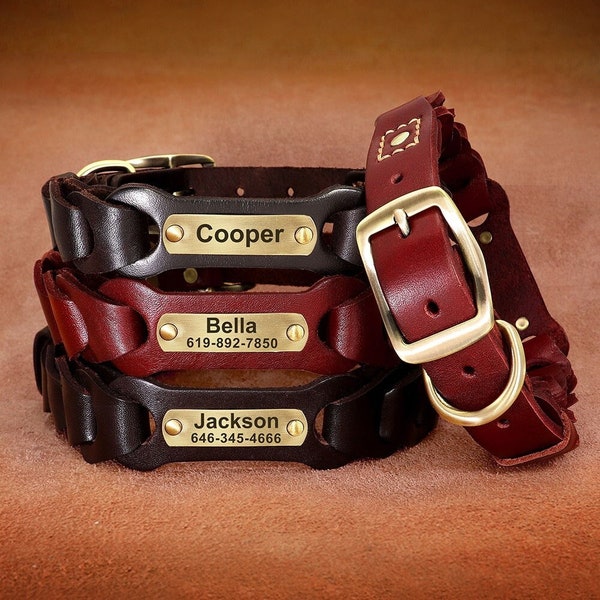 Braided Premium Leather Personalized Dog Collar - Genuine Leather Personalised Dog Collar - Leather Collar For Dogs with Engraved ID Plate