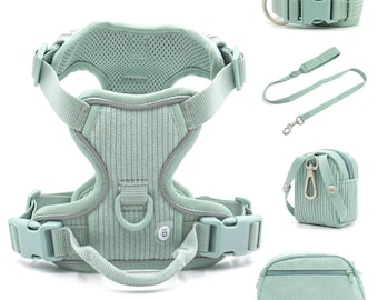 Morandi Grünes Cord Doppelclip Hundegeschirr | Airtag Hunde Vordergeschirr | Hund Rücken Clip Harness | Personalisierte Hundehalsband Leine & Geschirr