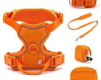 Orange Dual Clip Dog Harness | Cooling Airtag Dog Harness, Collar, Leash Set | Matching Harness Set | Front Clip Harness | Back Clip Harness