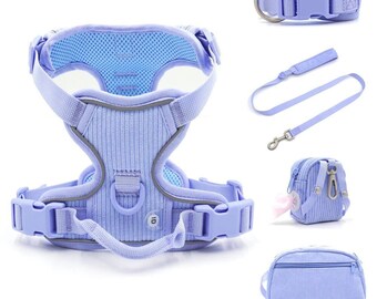 Lavender Blue Corduroy Personalizable Harness Set | Airtag Pocket Harness | Cooling Mesh Dog Harness | Dog Front Harness | Dog Back Harness