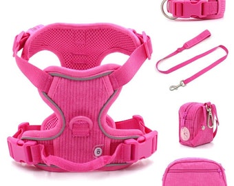 Dual Clip Harness | Hot Pink Corduroy Harness Set | Front Clip Harness | Back Clip Harness | Cooling Mesh Airtag Pocket Harness | Dog Set