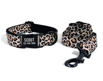 Leopard Print Personalized Dog Collar and Leash - Engraved Dog Collar & Lead - Cheetah Leopard Animal Print Dog Collar and Matching Bow Tie