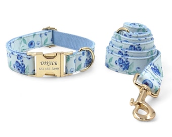 Blueberries Personazlied Dog Collar and Leash - Engraved Dog Collar and Lead - Blueberry Customised Dog Collar & Bow Tie - Fruity Collar