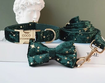 Starry Green Velvet Personalized Collar and Leash | Velvet Dog Collar, Leash and Bow Tie | Green Dog Collar | Matching Dog Collar & Leash