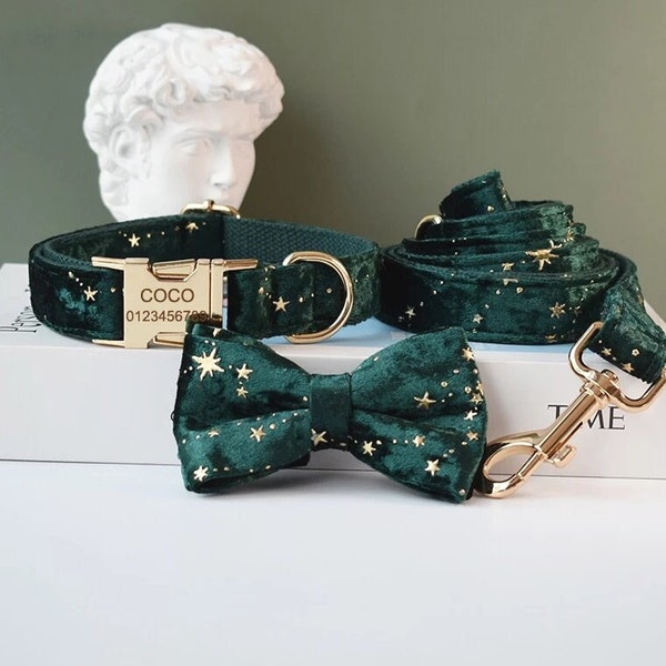 Starry Green Velvet Personalized Collar and Leash | Velvet Dog Collar, Leash and Bow Tie | Green Dog Collar | Matching Dog Collar & Leash