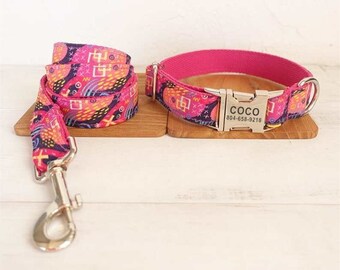 Artsy Pink Personalized Dog Collar and Leash Set - Pink Customised Dog Collar and Leash and Bow Tie - Personalised Pink Collar