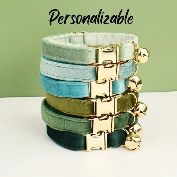 Green Velvet Cat Collars | Boy & Girl Cat Collars | Soft Cat Collar with Bell | Engraved Personalized Cat Collar with Name | Cute Cat Collar