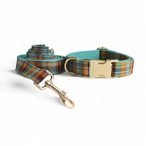 Teal kariertes personalisiertes Halsband und Leine | Kariertes Hundehalsband, Leine und Fliege | Tartan Hundehalsband | Gingham Kragen | Karierter Kragen aus Madras Collar & Leash