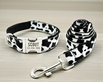 Cow Print Dog Set: Personalized Adjustable Leash & Name Engraved Collar