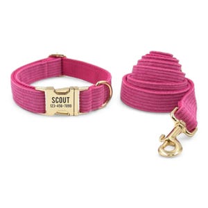 Rose Pink Corduroy Personalized Dog Collar and Leash - Soft Hot PinkCorduroy Engraved Dog Collar and Lead - Magenta Matching Dog Bow Tie