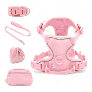 Baby Pink Front and Back Clip Harness | GPS Tag Pocket Harness | Personalized Dog Harness Collar | Comfy Harness Set | Back Clip Harness