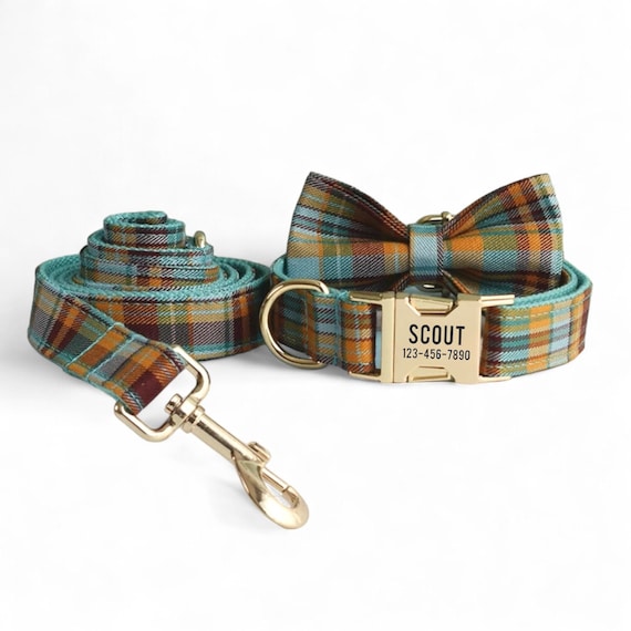 Teal Plaid Personalized Collar and Leash | Checked Dog Collar, Leash and Bow Tie | Tartan Dog Collar | Gingham Collar | Madras Plaid Collar